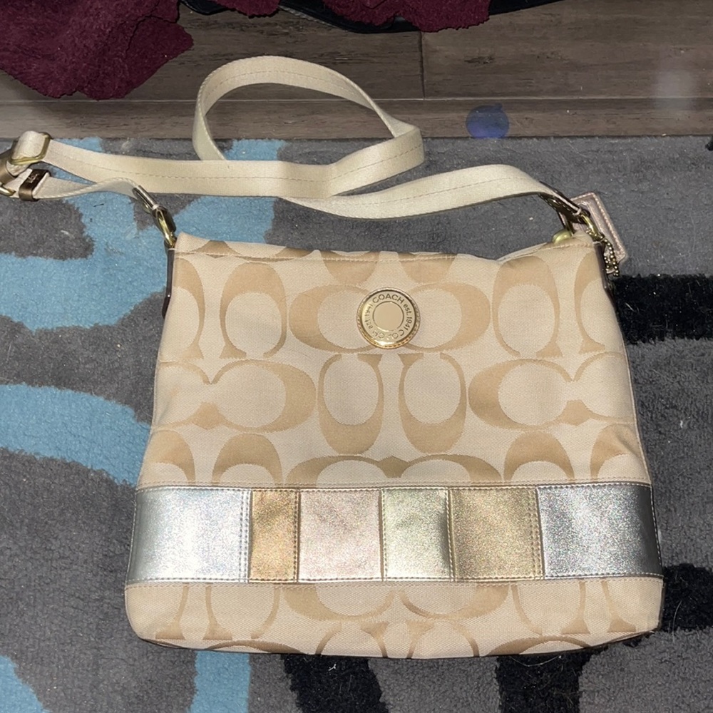 Coach crossbody with metallic stripe